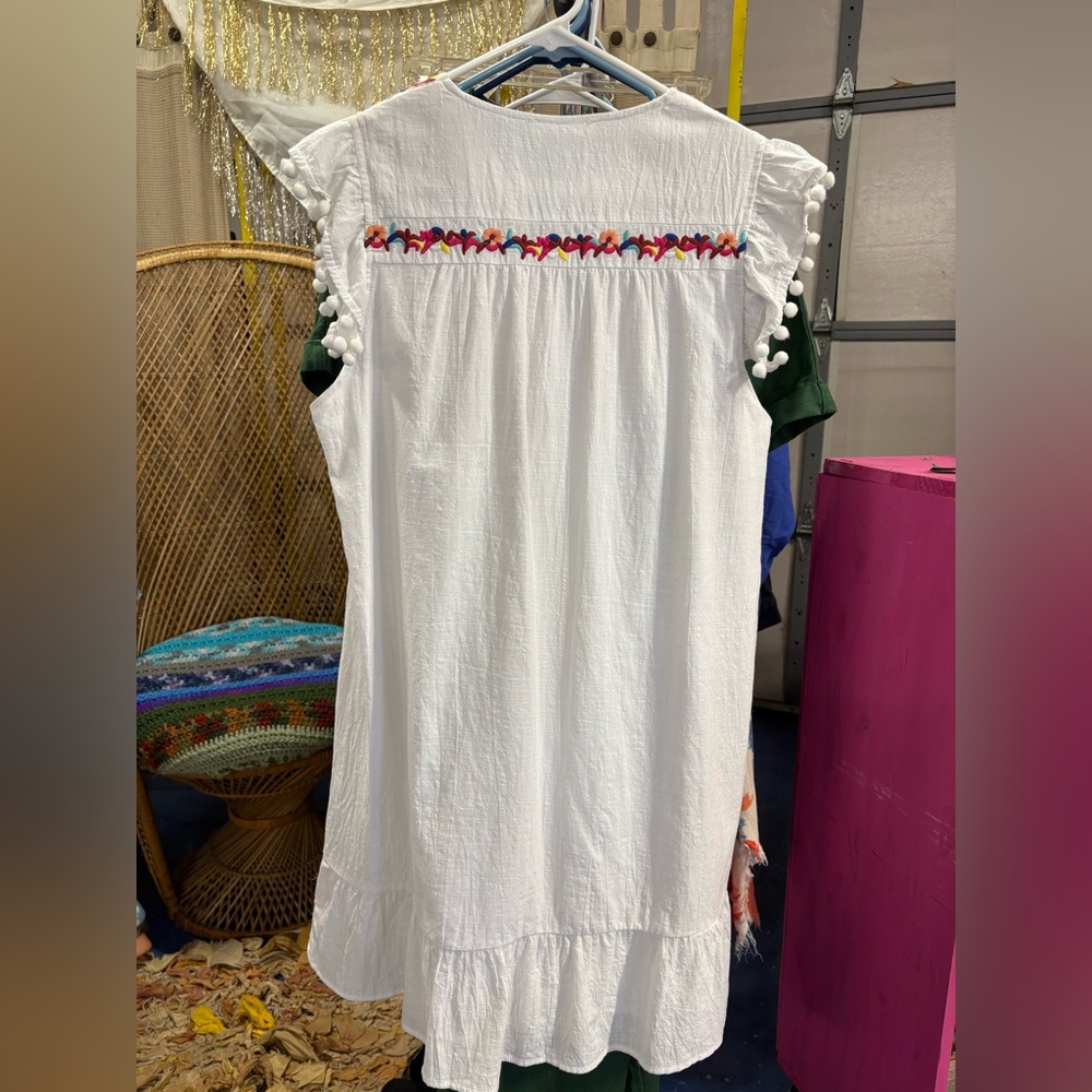 Kirundo White Embroidered Smock Midi Dress Pom Pom sleeves Size Medium - Picture 10 of 11